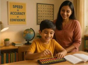 Child practicing abacus mental maths with parental guidance at home
