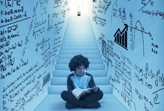 Child experiencing math anxiety surrounded by mathematical formulas