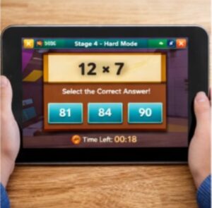 Tablet displaying multiplication challenge in an online math game