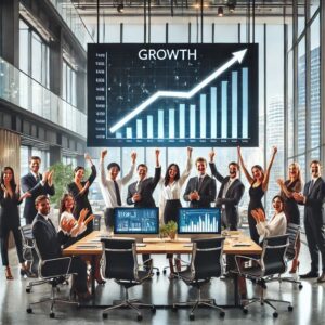 A team celebrating business growth with an upward progress graph displayed on a screen