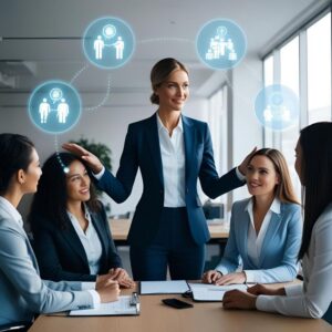 A professional business leader guiding and motivating a diverse team during a meeting