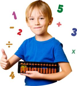 Young boy smiling and giving thumbs up while standing beside a large abacus