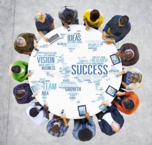 Business professionals sitting around a round table with the word “Success” and strategy-related terms displayed.