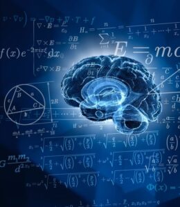 Digital illustration of a human brain with mathematical formulas and equations representing mental calculation and cognitive development.
