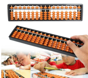Orange and black abacus tool displayed with children practicing in the background.