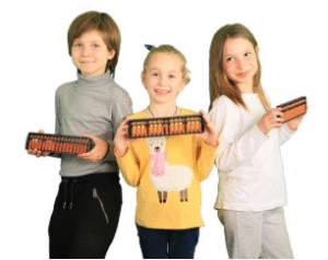 Three children standing and holding abacus tools against a white background.