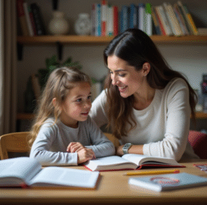 Mother helping young daughter study at home with open books on the table