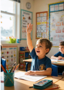 Young child raising hand confidently in a classroom during an interactive learning session.