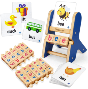 Educational phonics and word-building learning kit for children with alphabet blocks and flashcards.