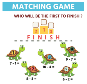 Interactive turtle-themed subtraction matching game designed to improve children's math skills.