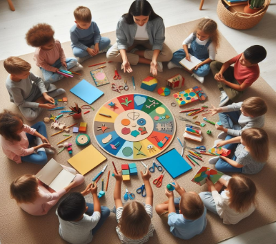 Children participating in a collaborative learning activity that promotes creativity, problem-solving, and interactive math skills.