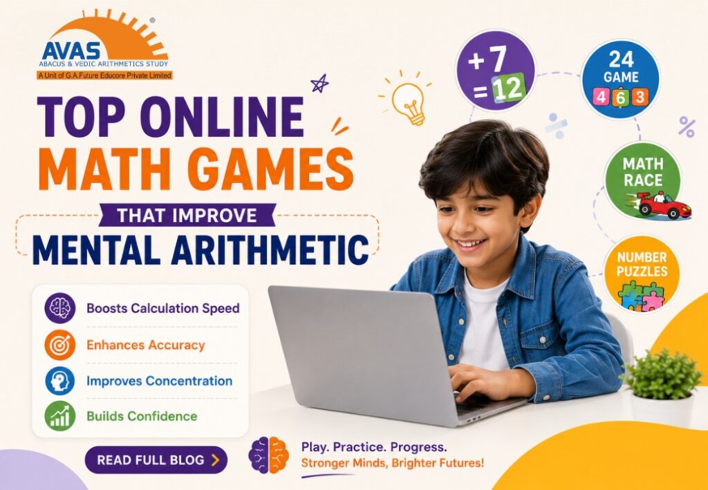 Child playing online math games on a laptop to improve mental arithmetic, calculation speed, concentration, and problem-solving skills.