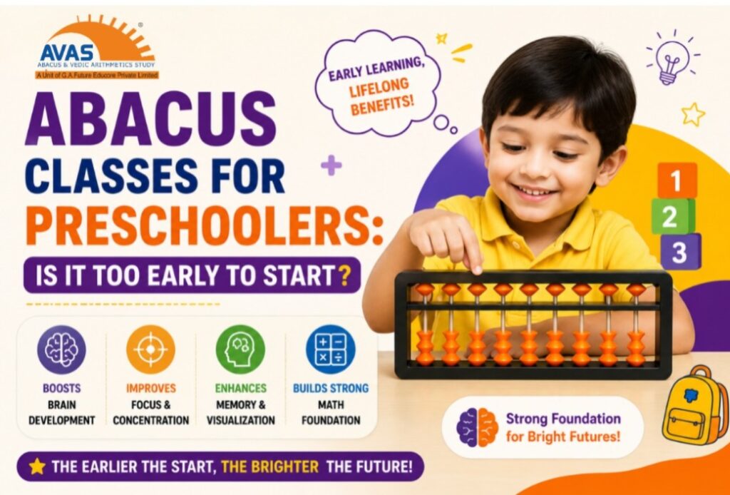 Abacus classes for preschoolers banner highlighting brain development, focus, memory, visualization, and a strong math foundation for young children.