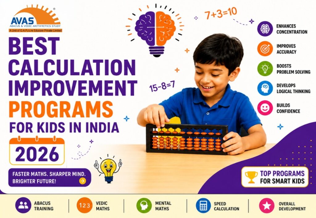 Best calculation improvement programs for kids in India featuring abacus, Vedic Maths, mental maths, speed calculation, and overall cognitive development.
