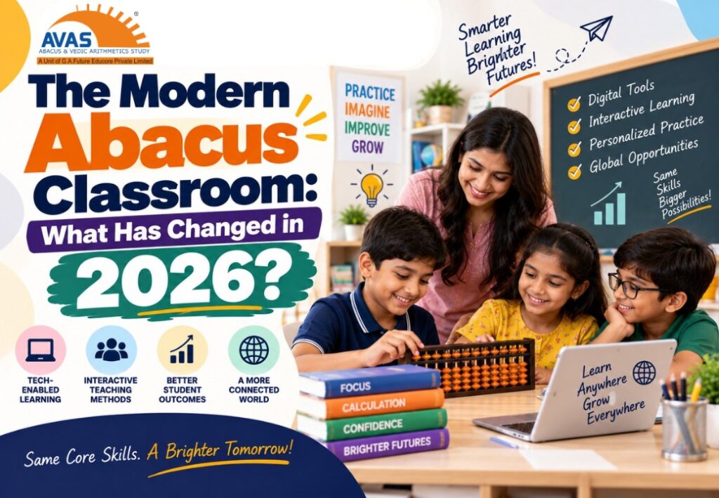 The Modern Abacus Classroom in 2026 featuring an AVAS teacher guiding children in abacus learning with digital tools and interactive teaching methods.