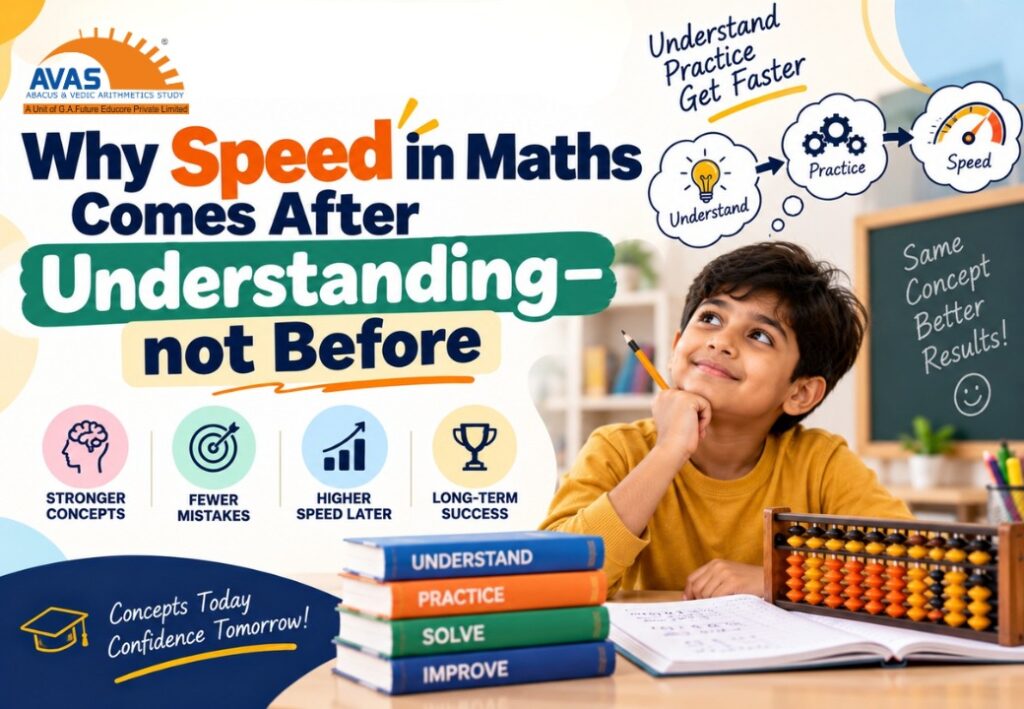 AVAS Abacus and Vedic Arithmetic Study banner featuring a child learning maths with an abacus, emphasizing understanding concepts before practising for speed, accuracy and long-term success.