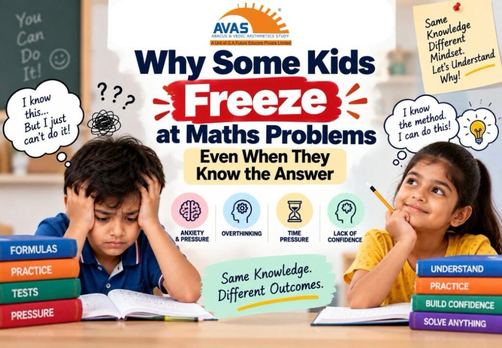 Illustration of two children experiencing different levels of confidence while solving maths problems under pressure.