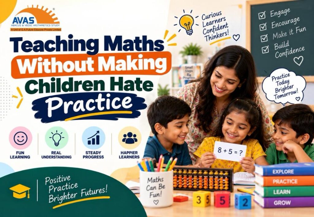 Teacher helping children practise mathematics through engaging activities, an abacus, and interactive number exercises.